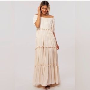 NWOT Pink blush Cream Off Shoulder Ruffle Tiered Maternity Maxi Dress